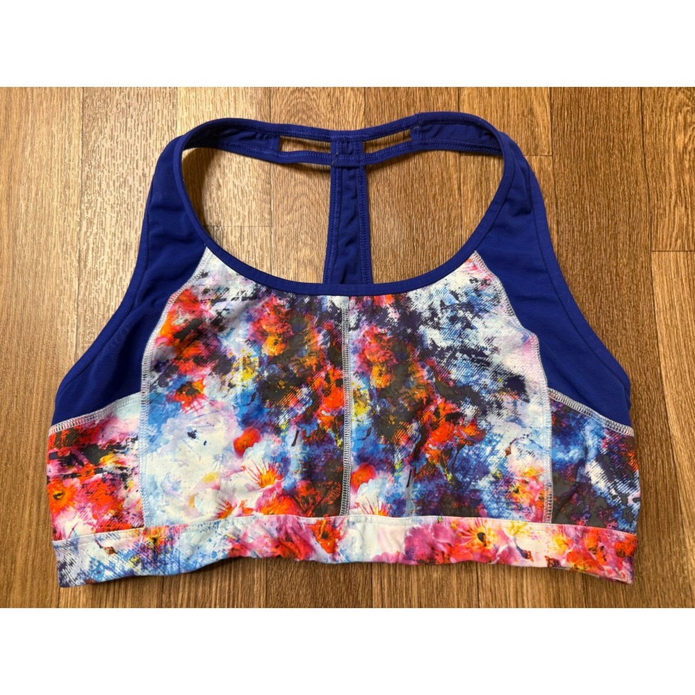 Athleta Blue Abstract‎ Floral Mesh Racerback Sports Bra L 489361-00